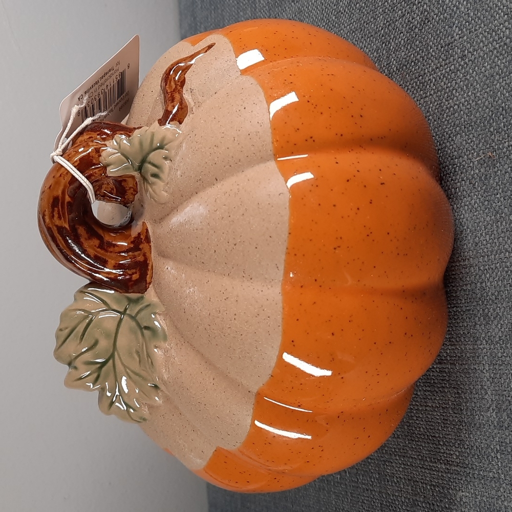 Ceramic Pumpkin Figure Tabletop Decor Fall Harvest Half Glazed Orange Na… *As Is